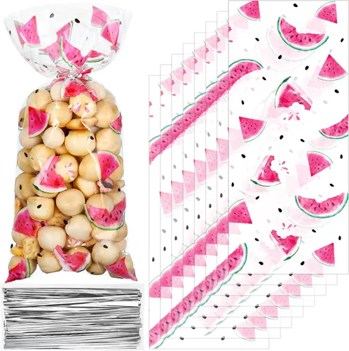 100 bolsas de golosinas de sandía de celofán, bolsas de dulces de verano, decoraciones de fiesta temáticas de sandía a granel con 100 lazos