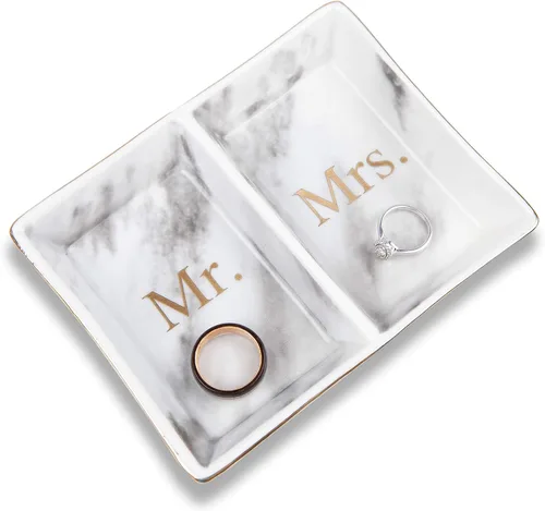 Aller Home & Kitchen Mr. & Mrs. - Plato para anillos con diseño de mármol, plato para anillos para parejas, bandeja de dos secciones para él y ella,