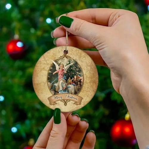 Vista 4 de Two-Side Printed Retro Christmas Theme Ceramic Christmas Ornament, Novelty for Family Friends Kids, Vintage Christmas Keepsake Pendants