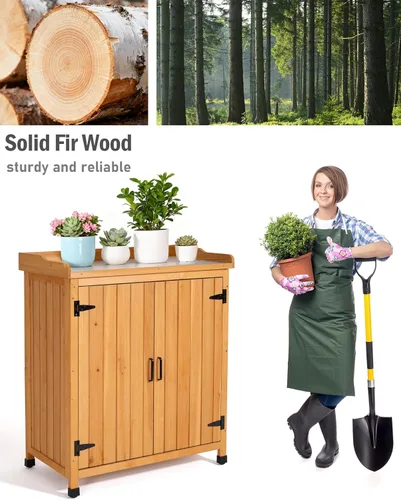 Vista 7 de Banco para macetas al aire libre con parte superior de trabajo de metal, gabinete de almacenamiento de jardín impermeable, estación de herramientas