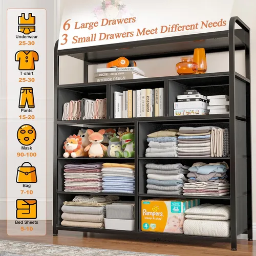 Vista 4 de EnHomee - Cómoda para dormitorio con 9 cajones, cómodas con 2 estantes abiertos, cómodas de tela y baúles de cajones para dormitorio, marco de metal