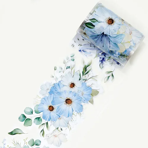 Vista 14 de WT Cinta ancha de PET azul cobalto, rollo individual, diseños originales, decoraciones florales, adhesivo transparente claro, diario basura