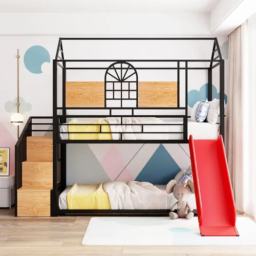 Vista 29 de Harper & Bright Designs Litera de metal para niños, cama individual sobre individual, litera baja con forma de casa, techo, escalera, barandilla