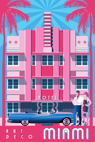 Vista 2 de Art Deco Miami Beach Florida Edificio Rosa Estados Unidos Retro Viaje Hogar Coleccionable Decoración de Pared Publicidad Arte Póster Impreso. 10 x