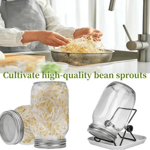 Vista 5 de Lulonpon Juego de 2 tarros para cultivar brotes, tarros de boca ancha de un cuarto de galón con tapas de germinación de pantalla de acero