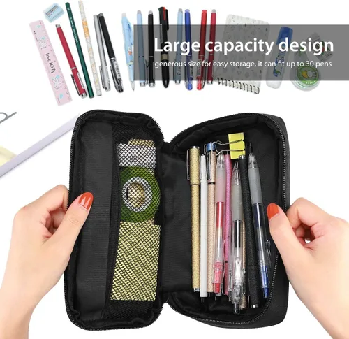 Vista 4 de ProCase Estuche para lápices, estuche de gran capacidad para estudiantes, soporte para lápices, organizador de escritorio con doble cremallera