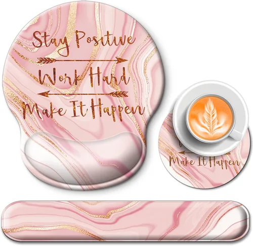 Vista 9 de Alfombrilla de mouse y soporte para reposamuñecas para teclado, con base de poliuretano antideslizante, alfombrilla de mouse de gel con posavasos