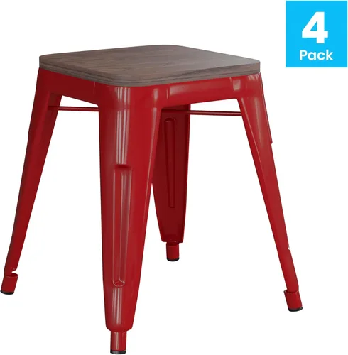 Vista 13 de Flash Furniture Juego de 4 taburetes de metal con asiento de madera, taburete Kai de grado comercial negro sin espalda, sillas de comedor apilables