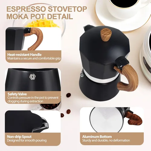 Vista 4 de Cafetera Moka Pot Express de Aluminio de 3 Tazas 150ml (5.1 fl oz), Cafetera de Espresso para Estufa, Cafetera Colorida Estilo Clásico Italiano
