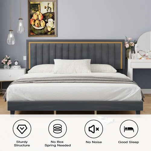 Vista 4 de Cama de plataforma tapizada de terciopelo tamaño Queen con diseño de ribete dorado, diseño sin ruido, base resistente con listones de madera, no Gris