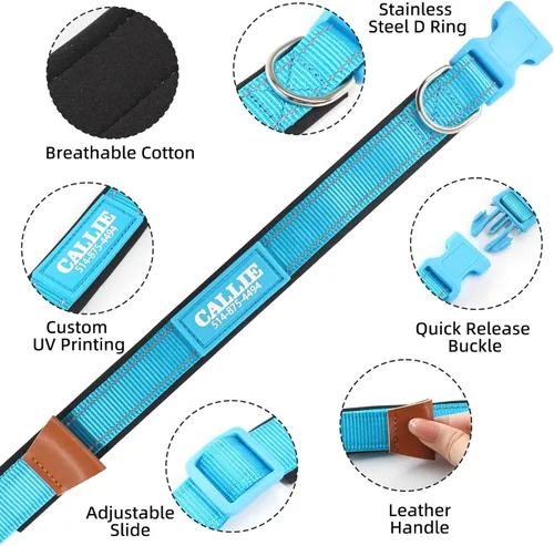 Vista 2 de Collar de perro personalizado con nombre y número de teléfono, hebilla duradera, acolchado de neopreno suave ultra ancho, collar reflectante