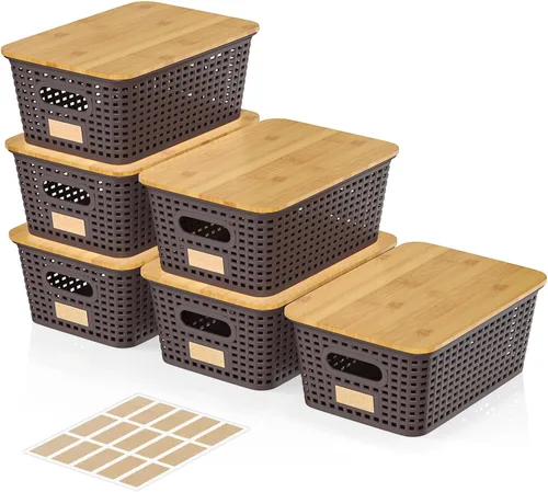 Vista 12 de 6 contenedores de almacenamiento con tapas, cesta de almacenamiento de plástico apilable con tapa de bambú, caja organizadora de despensa