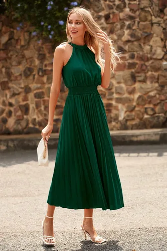 Vista 5 de PRETTYGARDEN Vestidos largos de verano para mujer, sin mangas, cuello halter, plisado, vestido de cóctel