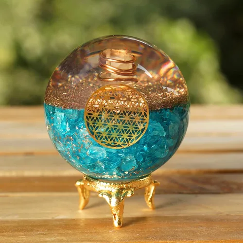 Vista 6 de Orgonite Crystal Bola de cristal azul aguamarina con soporte para energía positiva, equilibrio de chakras, con símbolo de flor de la vida