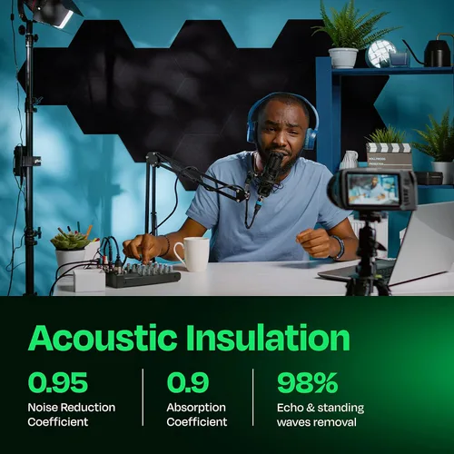 Vista 3 de Ekkogo - Paneles insonorizantes de alta densidad para pared, forma hexagonal, paquete de 12 unidades de 14" x 12.1" x 0.4", color negro intenso