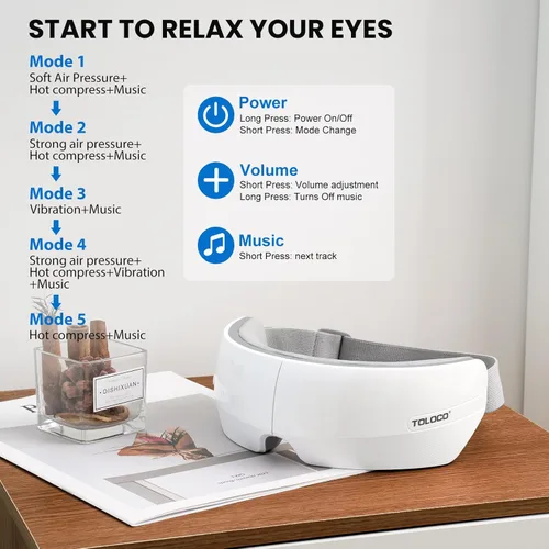 Vista 2 de TOLOCO Masajeador de ojos con calor, música Bluetooth, compresión, masajeador de ojos eléctrico ajustable, mejora el sueño, vacaciones, cumpleaños