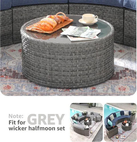 Vista 4 de SUNSITT Mesa de centro redonda para exteriores con tapa de vidrio templado, mesa auxiliar de mimbre de mimbre de resina de ratán PE, gris