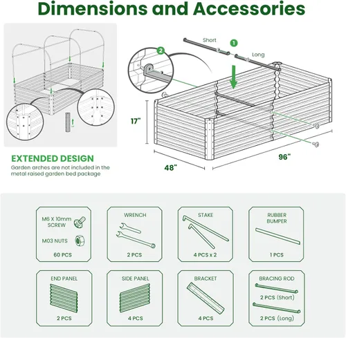 Vista 5 de Maceta de jardín elevada galvanizada para plantas al aire libre, camas de jardín elevadas extra altas de 17 pulgadas, cajas de jardín al aire libre
