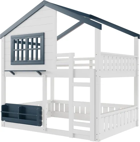 Vista 174 de Cama de casa de tamaño individual con elegantes ventanas y estantería, litera con diseño de castillo de madera con barandillas de seguridad