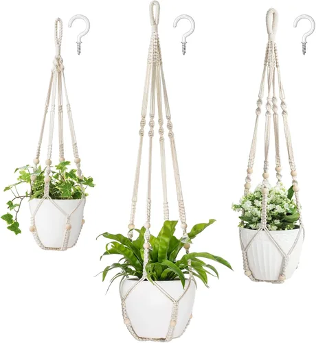 Vista 6 de Mkono Paquete de 3 ganchos de macramé para plantas de interior de diferentes tamaños, cesta colgante para macetas con cuentas sin borlas, 43 Marrón