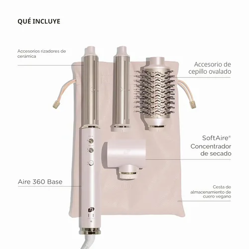 Vista 2 de Aire 360 - Kit de soplado de cerámica de doble voltaje con accesorios para rizar, cepillo ovalado y concentrador de secado Golpes rápidos