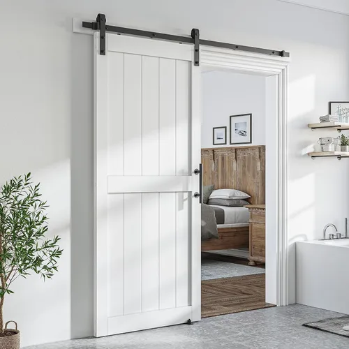 Vista 15 de SmartStandard Puerta corrediza de granero MDF blanca de 24 x 84 pulgadas con kit de herrajes para puerta corredera negra de 4 pies y asa