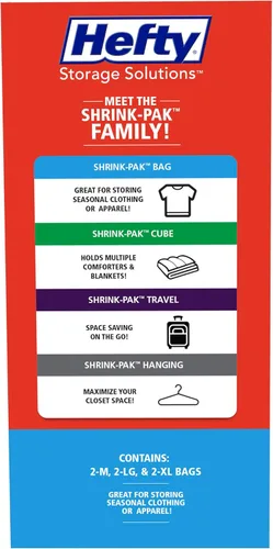 Vista 5 de Hefty Shrink-Pak - 2 bolsas de almacenamiento con sellado al vacío medianas, 2 grandes, 2 XL, bolsas ahorradoras de espacio para ropa, almohadas