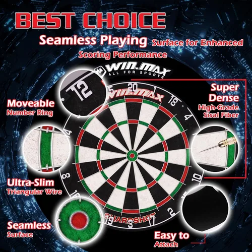 Vista 2 de WIN.MAX Tablero de dardos con punta de acero para adultos, juego de dardos con punta de acero con 12 dardos de metal