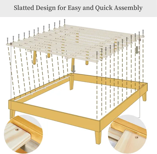 Vista 39 de Yaheetech Base de cama matrimonial con plataforma de madera maciza natural con soporte de listones de madera, espacio debajo de la cama de 12 Nogal