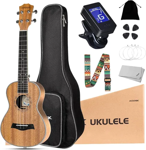 Vista 19 de AODSK Ukelele soprano para principiantes, kit de ukelele de 21 pulgadas con bolsa de concierto, correa, afinador, cuerdas de nailon, 4 púas, paño