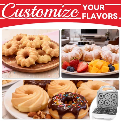 Vista 4 de SugarWhisk Máquina para Hacer Mini Donas, Mini Molde Eléctrico para Pasteles Bundt, Hornea 6 Donas Bundt con 3 Formas, Excelente para Desayuno