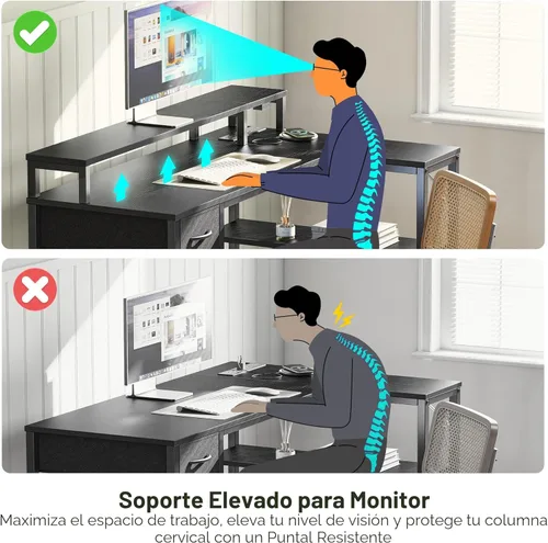 Vista 8 de SUPERJARE Escritorio para juegos en forma de L de 47 pulgadas con luces LED y tomas de corriente, escritorio reversible para computadora con Negro