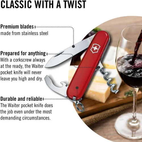 Vista 5 de Victorinox Waiter Swiss Army Knife, 9 Function Swiss Made Pocket Knife with Large Blade, Corkscrew and Bottle Opener - Red