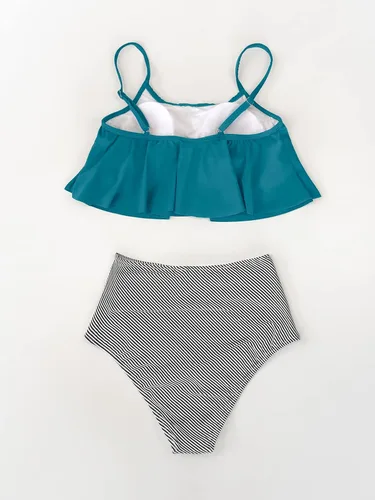 Vista 6 de Traje de baño Cupshe, juego de bikini de cintura alta, falbalá para mujer