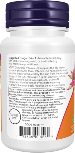 Vista 3 de NOW Foods Suplementos, Vitamina D-3 5,000 UI, Sabor Natural a Menta, Soporte Estructural*, 120 Masticables