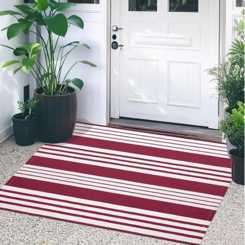 Vista 6 de USTIDE Alfombra de rayas rojas y blancas de 23.6 x 35 pulgadas, de algodón, reversible, tejida a mano, lavable, para porche, entrada, lavandería