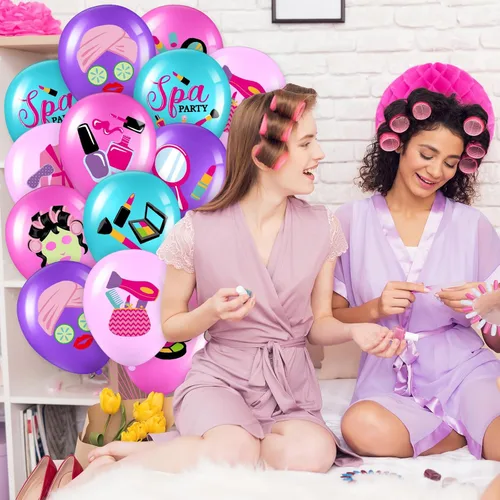 Vista 6 de Censen 45 globos de látex para spa, decoración de fiesta de maquillaje, cosméticos, suministros de fiesta para niñas, decoración de día de spa