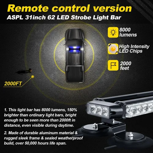 Vista 2 de ASPL Barra de luz estroboscópica de 31 pulgadas con 62 LED con control remoto, luz estroboscópica intermitente de advertencia de emergencia de doble