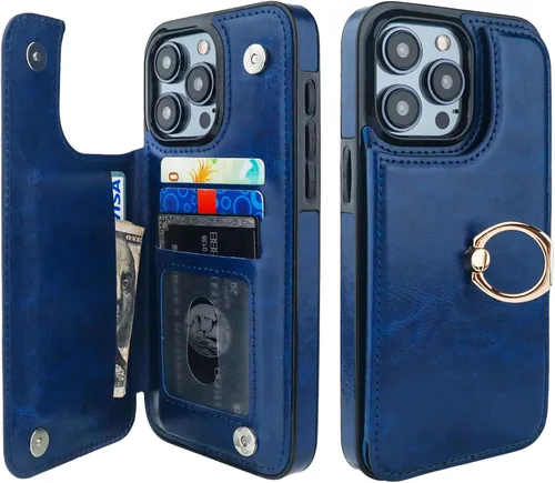 Vista 14 de ONETOP - Funda tipo cartera para iPhone 15 Pro Max con soporte para tarjetas, anillo de rotación de 360°, bloqueo RFID, piel sintética, doble cierre