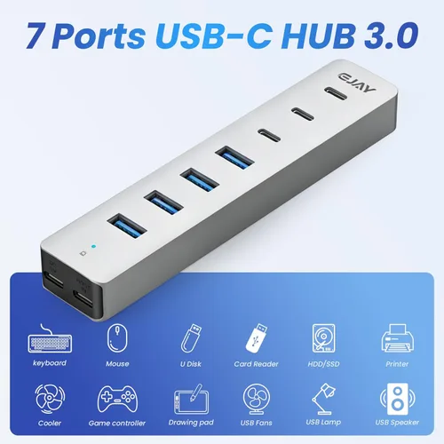 Vista 6 de EJAY Hub USB 3.0 de 7 puertos con 4 USB-A y 3 USB-C, divisor USB de aluminio para portátil/escritorio/PS5, adaptador multipuerto USB C a USB