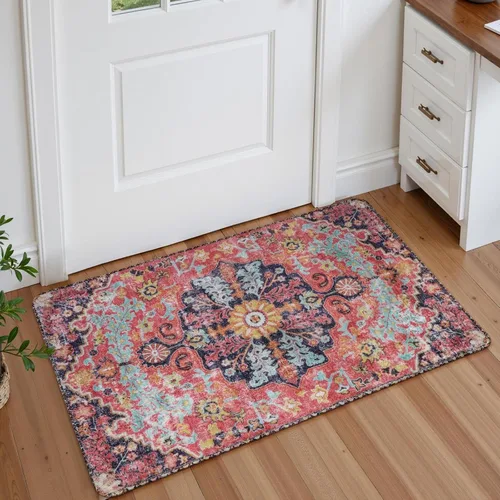 Lahome Alfombra Floral Bohemio Medaillon - 2x3 Pequeña Alfombra de Baño Rosa Caliente, Alfombra de Cocina, Lavable a Máquina, Antideslizante, Suave,