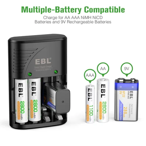 Vista 3 de EBL Paquete de 4 baterías AA recargables, batería doble A precargada de 2800 mAh y cargador de batería AA AAA con enchufe de pared plegable