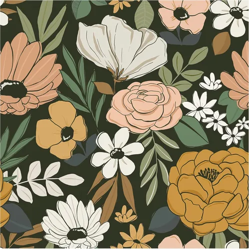 HAOKHOME Papel pintado vintage grande floral de despegar y pegar, extraíble, hojas de margarita, negro/arena/oliva, vinilo autoadhesivo, mural, 17.7