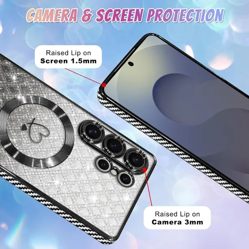 Vista 14 de Bonoma - Funda compatible con Samsung Galaxy S21 Plus, diseño de corazón con purpurina, color rosa Support for MagSafe, Plating Magnetic Case TPU