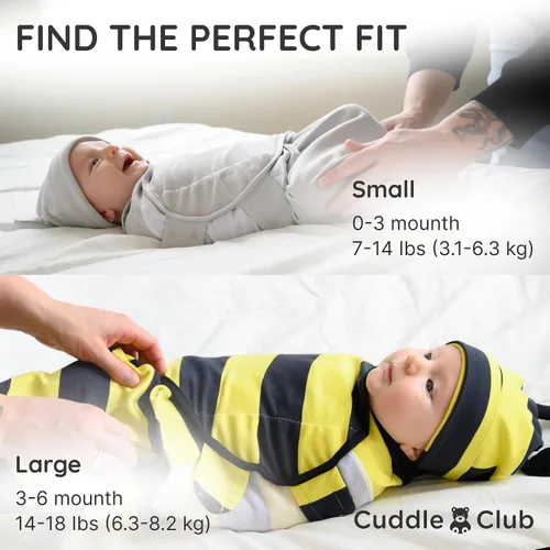 Vista 6 de Cuddle Club Pañales de algodón para recién nacidos, 0-3 y 3-6 meses Manta ajustable con sombrero, esenciales para bebé, burrito de tortilla