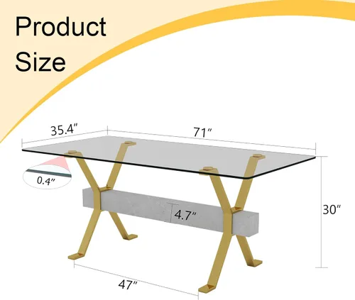 Vista 2 de Dining Table. Modern Tempered Glass Dining Table. Large Modern Office Desk with Gold Plated Metal Legs and Gray crossbars, Suitable for Both Home