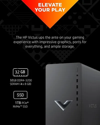 Vista 2 de HP Victus 15L Gaming Desktop Bundle PC, AMD RX6400 Graphics, AMD Ryzen 5 5600G, 32GB SDRAM, 1TB SSD, Windows 11 Home OS, iluminación RGB, Wi-Fi