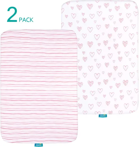 Vista 4 de Biloban Pack and Play Sábanas ajustadas, paquete de 2 sábanas para colchón Graco Pack n Play, 100% algodón de punto jersey, sábanas para cuna