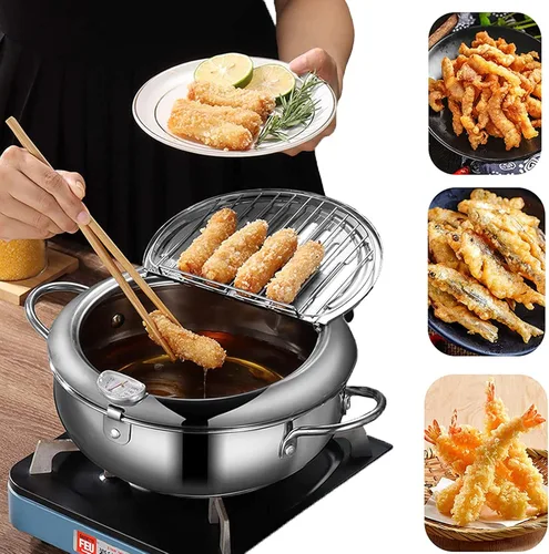 Vista 2 de Olla para freír – Tempura japonesa pequeña olla profunda de acero inoxidable con termómetro, tapa y escurridor de aceite para papas fritas, alas