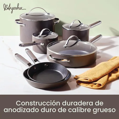 Vista 4 de [Usado] Ayesha Curry Kitchenware 80293 - Sartén profesional anodizada dura antiadherente con tapa y mango auxiliar, 12.25 pulgadas, color carbón